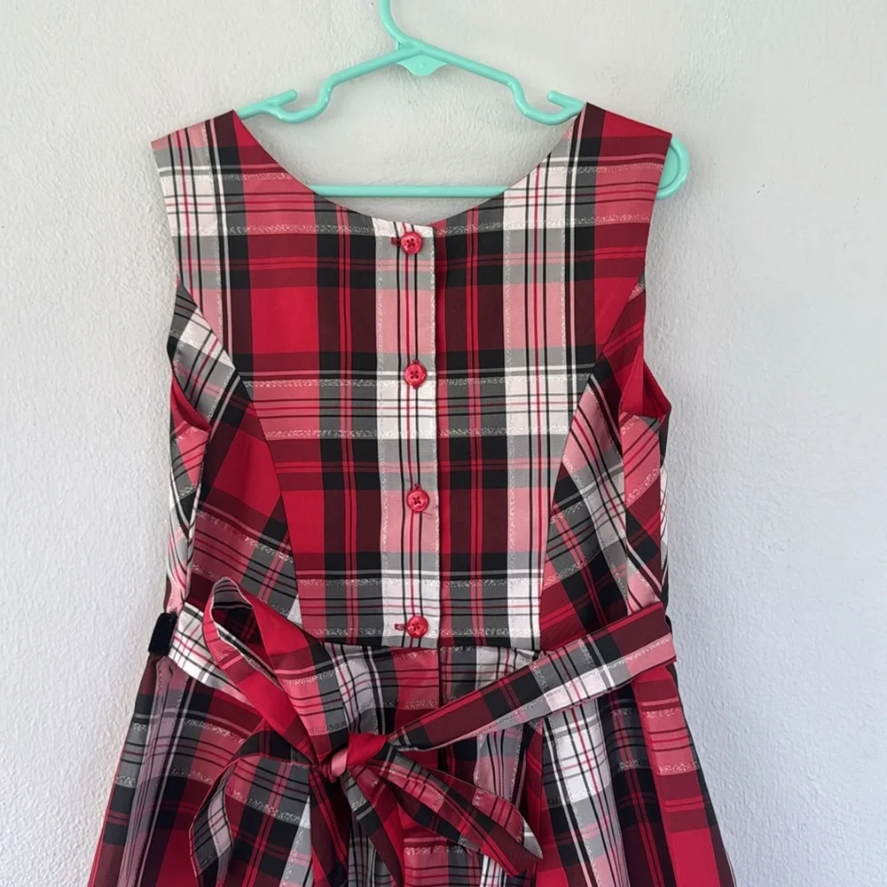 Jona Michelle red black plaid bow belt sleeveless Christmas holiday dress size 8